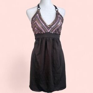 Vintage Y2K Victoria's Secret Women's Beaded Sequin Halter Dress Brown Mini